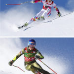 
              FILE - Combo of images shows at top Lindsey Vonn speeding down the course during an alpine ski, women's World Cup downhill in St. Moritz, Switzerland, Saturday, Jan. 24, 2015 and at bottom United States' Mikaela Shiffrin competing during an alpine ski, women's World Cup giant slalom in Soelden, Austria, Saturday, Oct. 26, 2019. Mikaela Shiffrin has matched Lindsey Vonn’s women’s World Cup skiing record with her 82nd win at the women's World Cup giant slalom race, in Kranjska Gora, Slovenia, on Sunday, Jan. 8, 2023. (AP Photo/Marco Trovati)
            