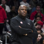 
              Atlanta Hawks coach Nate McMillan watches from the sideline during the first half of the team's NBA basketball game against the Charlotte Hornets on Saturday, Jan. 21, 2023, in Atlanta. (AP Photo/John Bazemore)
            
