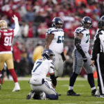 
              Seattle Seahawks quarterback Geno Smith (7) reacts after losing a fumble against the San Francisco 49ers during the second half of an NFL wild card playoff football game in Santa Clara, Calif., Saturday, Jan. 14, 2023. (AP Photo/Godofredo A. Vásquez)
            