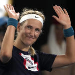 
              Victoria Azarenka of Belarus waves after defeating Jessica Pegula of the U.S. in their quarterfinal match at the Australian Open tennis championship in Melbourne, Australia, Tuesday, Jan. 24, 2023 (AP Photo/Ng Han Guan)
            