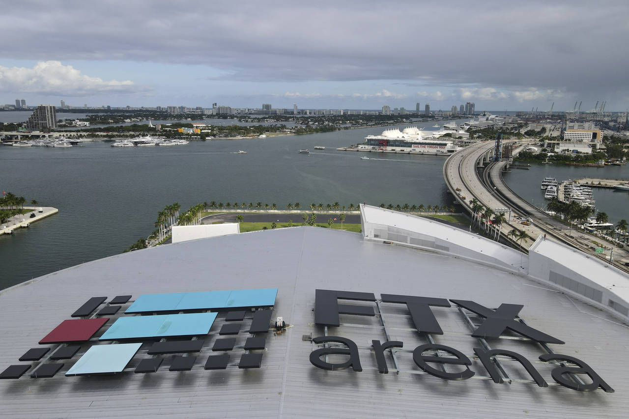 In this photo taken with a drone, the FTX logo is seen on the roof of the FTX Arena on Wednesday, D...
