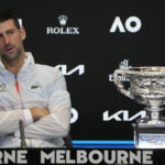 
              Novak Djokovic of Serbia reacts during a press conference following his win over Stefanos Tsitsipas of Greece in the men's singles final at the Australian Open tennis championship in Melbourne, Australia, early Monday, Jan. 30, 2023. (AP Photo/Dita Alangkara)
            