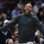 
              Cleveland Cavaliers head coach J.B. Bickerstaff argues a call during the second half of an NBA basketball game against the Golden State Warriors, Friday, Jan. 20, 2023, in Cleveland. (AP Photo/Ron Schwane)
            