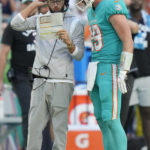 
              Miami Dolphins head coach Mike McDaniel talks to quarterback Skylar Thompson (19) during the second half of an NFL football game against the New York Jets, Sunday, Jan. 8, 2023, in Miami Gardens, Fla. (AP Photo/Lynne Sladky)
            