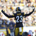 
              Pittsburgh Steelers safety Damontae Kazee (23) celebrates after his interception during the second half of an NFL football game against the Cleveland Browns in Pittsburgh, Sunday, Jan. 8, 2023. (AP Photo/Matt Freed)
            