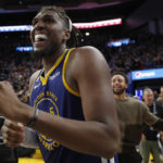
              Golden State Warriors forward Kevon Looney (5) celebrates after defeating the Atlanta Hawks during an NBA basketball game in San Francisco, Monday, Jan. 2, 2023. (AP Photo/Jed Jacobsohn)
            