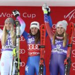 
              FILE - Italy's Sofia Goggia, center, winner of an alpine ski, women's World Cup downhill, celebrates on the podium with second-placed United States' Lindsey Vonn, left, and third-placed United States' Mikaela Shiffrin, in Cortina D'Ampezzo, Italy, Friday, Jan.19, 2018. Mikaela Shiffrin has matched Lindsey Vonn’s women’s World Cup skiing record with her 82nd win at the women's World Cup giant slalom race, in Kranjska Gora, Slovenia, on Sunday, Jan. 8, 2023. (AP Photo/Alessandro Trovati, File)
            