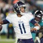 
              Tennessee Titans quarterback Joshua Dobbs (11) passes in the second half of an NFL football game against the Jacksonville Jaguars, Saturday, Jan. 7, 2023, in Jacksonville, Fla. (AP Photo/John Raoux)
            