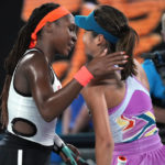 
              Coco Gauff, left, of the U.S. is congratulated by Emma Raducanu of Britain following their second round match at the Australian Open tennis championship in Melbourne, Australia, Wednesday, Jan. 18, 2023. (AP Photo/Dita Alangkara)
            