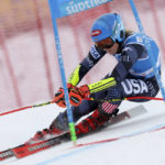 
              United States' Mikaela Shiffrin speeds down the course during an alpine ski, women's World Cup giant slalom, in Kronplatz, Italy, Tuesday, Jan. 24, 2023. (AP Photo/Alessandro Trovati)
            