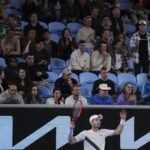 
              Andy Murray of Britain reacts during his five set win over Australia's Thanasi Kokkinakis at the Australian Open tennis championships in Melbourne, Australia, Friday Jan. 20, 2023. (AP Photo/Ng Han Guan)
            