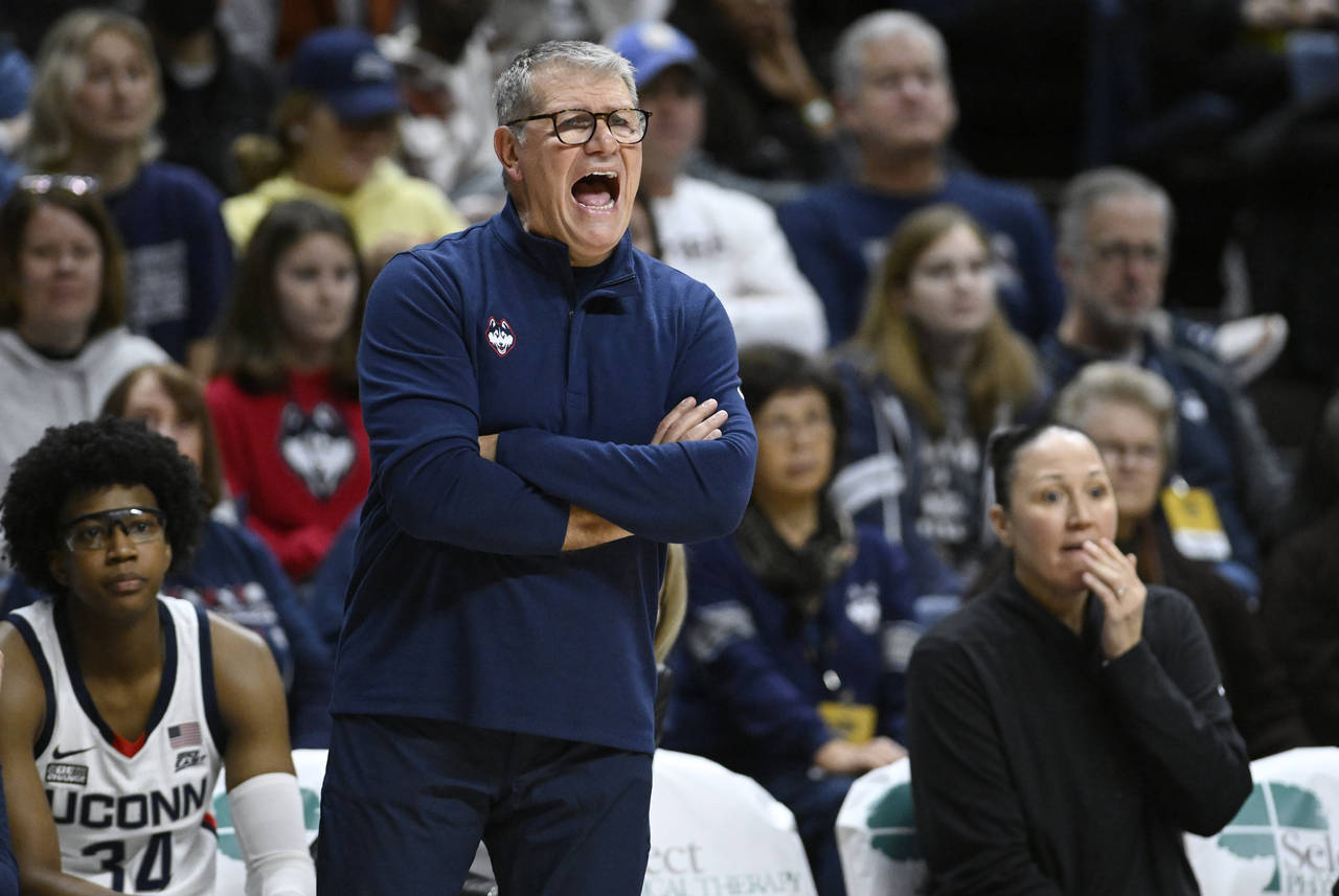 UConn head coach Geno Auriemma reacts in the first half of an NCAA college basketball game against ...