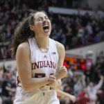 
              Indiana's Mackenzie Holmes reacts after making a basket and getting fouled during the second half of an NCAA college basketball game against Ohio State, Thursday, Jan. 26, 2023, in Bloomington, Ind. (AP Photo/Darron Cummings)
            