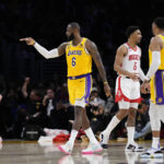 
              Los Angeles Lakers' LeBron James (6) reacts to a foul call on the Houston Rockets during the second half of an NBA basketball game Monday, Jan. 16, 2023, in Los Angeles. The Lakers won 140-132. (AP Photo/Jae C. Hong)
            
