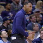 
              New Orleans Pelicans coach Willie Green reacts during the first half of the team's NBA basketball game against the Minnesota Timberwolves in New Orleans, Wednesday, Jan. 25, 2023. (AP Photo/Matthew Hinton)
            
