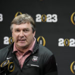 
              Georgia head coach Kirby Smart speaks during a media day ahead of the national championship NCAA College Football Playoff game between Georgia and TCU, Saturday, Jan. 7, 2023, in Los Angeles. The championship football game will be played Monday. (AP Photo/Marcio Jose Sanchez)
            