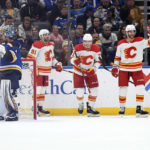 
              Calgary Flames' Walker Duehr (71) reacts after scoring his first NHL goal against the St. Louis Blues during the second period of a hockey game Thursday, Jan. 12, 2023, in St. Louis. (AP Photo/Jeff Le)
            