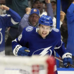 
              Tampa Bay Lightning left wing Brandon Hagel (38) celebrates his goal against the Vancouver Canucks during the second period of an NHL hockey game Thursday, Jan. 12, 2023, in Tampa, Fla. (AP Photo/Chris O'Meara)
            