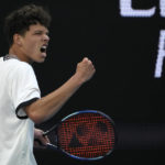 
              Ben Shelton of the U.S. reacts during his fourth round match against compatriot J.J. Wolf at the Australian Open tennis championship in Melbourne, Australia, Monday, Jan. 23, 2023. (AP Photo/Ng Han Guan)
            