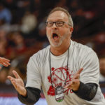 
              Arkansas head coach Mike Neighbors reacts to a call as his team plays against South Carolina during the first half of an NCAA college basketball game in Columbia, S.C., Sunday, Jan. 22, 2023. (AP Photo/Nell Redmond)
            