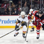 
              New Jersey Devils left wing Ondrej Palat (18) skates against Vegas Golden Knights center William Karlsson (71) during the second period of an NHL hockey game, Tuesday, Jan. 24, 2023, in Newark, N.J. (AP Photo/Mary Altaffer)
            