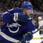 
              Tampa Bay Lightning center Ross Colton reacts after his goal against the Los Angeles Kings during the second period of an NHL hockey game Saturday, Jan. 28, 2023, in Tampa, Fla. (AP Photo/Chris O'Meara)
            