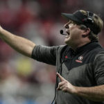 
              Georgia head coach Kirby Smart speaks from the sidelines during the first half of the Peach Bowl NCAA college football semifinal playoff game against Georgia, Saturday, Dec. 31, 2022, in Atlanta. (AP Photo/Brynn Anderson)
            