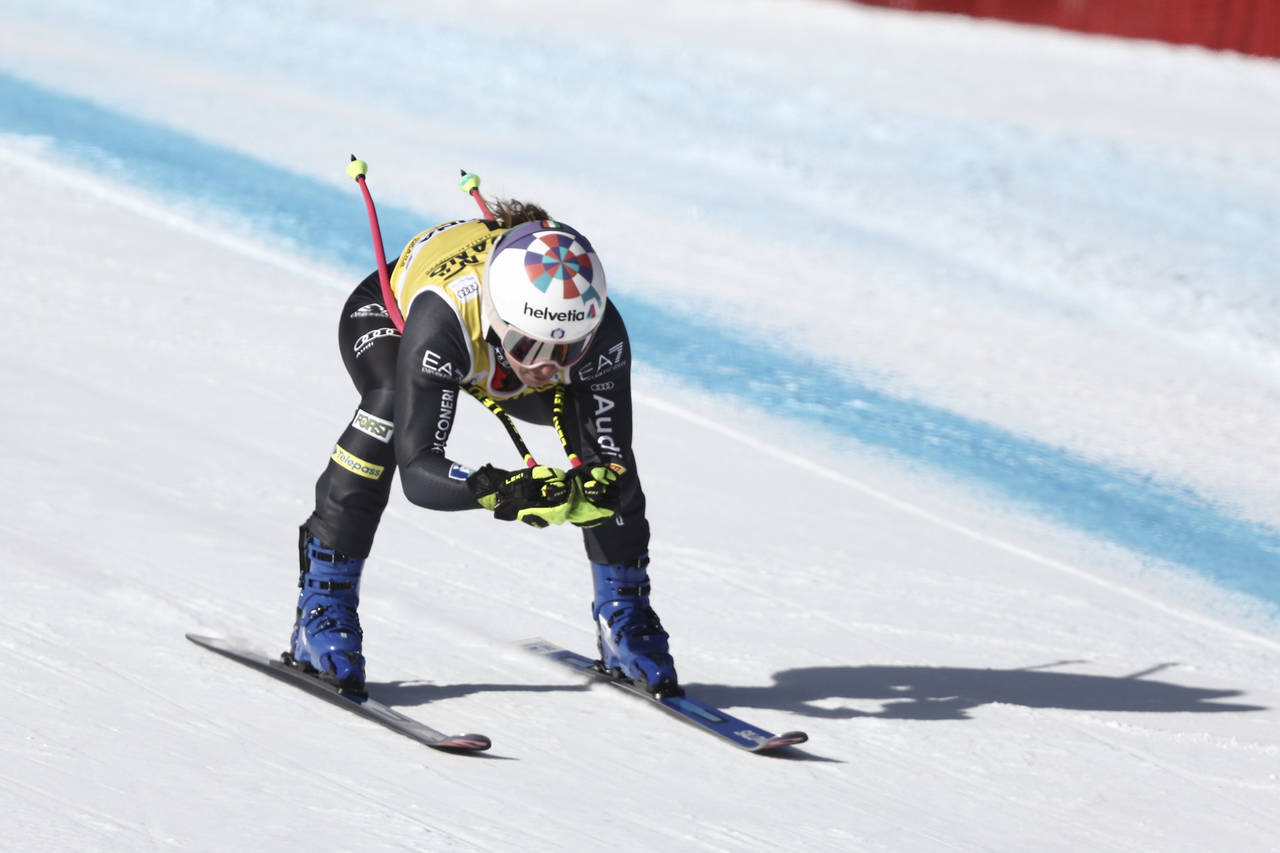 Italy's Marta Bassino speeds down the course during an alpine ski, women's World Cup super-G, in Co...