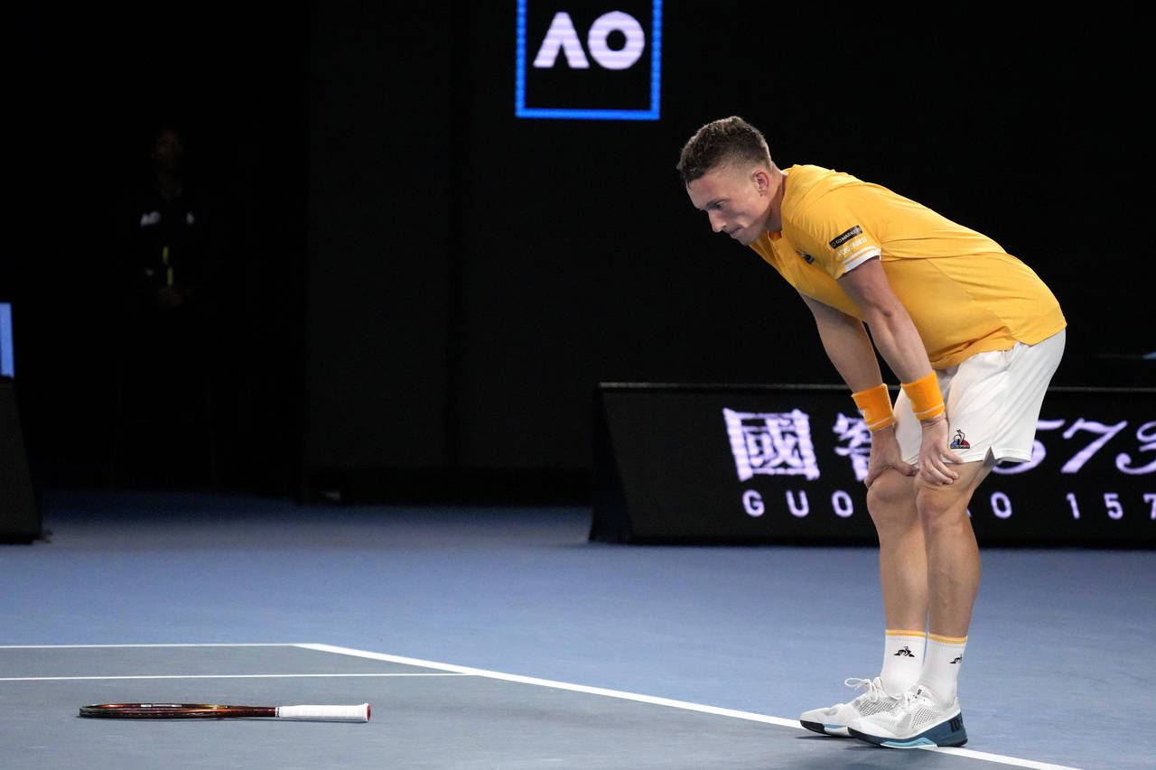 Jiri Lehecka of the Czech Republic reacts after losing a point to Stefanos Tsitsipas of Greece duri...