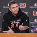 
              Cincinnati Bengals head coach Zac Taylor speaks with the media, Friday, Jan. 27, 2023, in Cincinnati. The Bengals are scheduled to play the Kansas City Chiefs Sunday in the NFL football AFC championship game. (AP Photo/Aaron Doster)
            