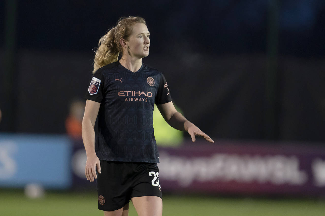 FILE - Sam Mewis, then of Manchester City Women, stands on the field during an FA WSL soccer match ...