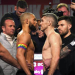 
              Britain's Chris Eubank Jr, left and Liam Smith look on, during the weigh-in ahead of their middleweight bout on Saturday, at the Manchester Central Convention Complex, Manchester, England, Friday, Jan. 20, 2023. (Nick Potts/PA via AP)
            