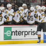 
              Vegas Golden Knights defenseman Ben Hutton (17) celebrates after scoring against the New Jersey Devils during the second period of an NHL hockey game, Tuesday, Jan. 24, 2023, in Newark, N.J. (AP Photo/Mary Altaffer)
            
