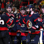 
              Ottawa Senators center Derick Brassard (61) celebrates his goal against the Columbus Blue Jackets during the second period of an NHL hockey game, Tuesday, Jan. 3, 2023 in Ottawa, Ontario. (Justin Tang/The Canadian Press via AP)
            