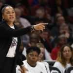 
              South Carolina head coach Dawn Staley directs her team against Arkansas during the second half of an NCAA college basketball game in Columbia, S.C., Sunday, Jan. 22, 2023. South Carolina won 92-46. (AP Photo/Nell Redmond)
            
