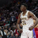 
              Los Angeles Lakers center Thomas Bryant reacts after scoring against the Portland Trail Blazers during the second half of an NBA basketball game in Portland, Ore., Sunday, Jan. 22, 2023. (AP Photo/Craig Mitchelldyer)
            