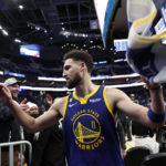 
              Golden State Warriors guard Klay Thompson (11) walks off the court after defeating the Atlanta Hawks during an NBA basketball game in San Francisco, Monday, Jan. 2, 2023. (AP Photo/Jed Jacobsohn)
            