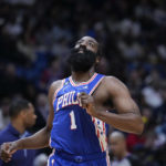 
              Philadelphia 76ers guard James Harden (1) looks at the replay screen after a foul was called in the first half of an NBA basketball game against the New Orleans Pelicans in New Orleans, Friday, Dec. 30, 2022. (AP Photo/Gerald Herbert)
            