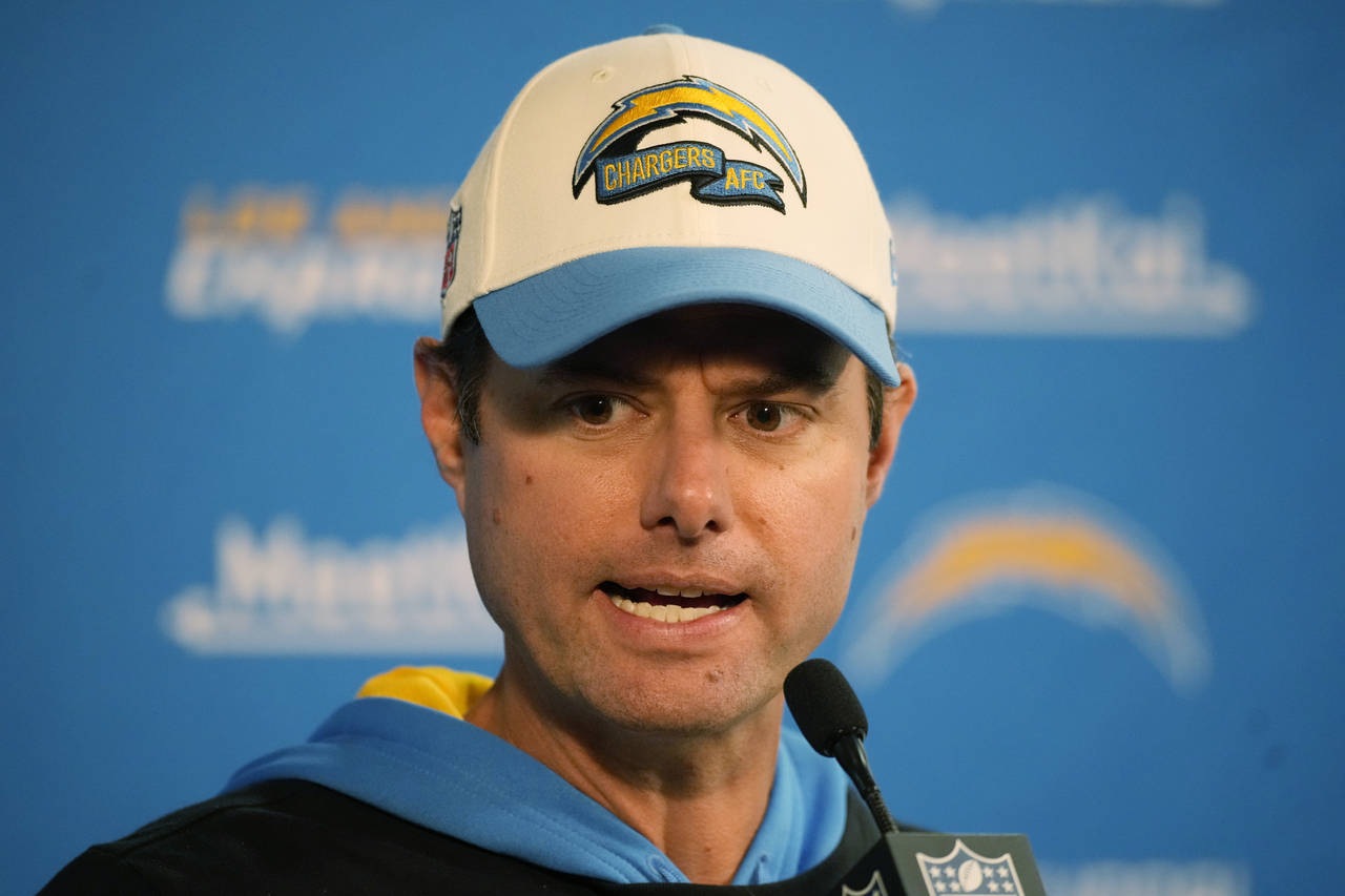 Los Angeles Chargers head coach Brandon Staley responds to questions after an NFL football game aga...