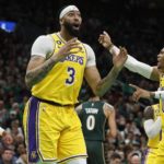 
              Los Angeles Lakers' Anthony Davis (3) and Russell Westbrook (0) react to a call during the first half of an NBA basketball game against the Boston Celtics, Saturday, Jan. 28, 2023, in Boston. (AP Photo/Michael Dwyer)
            