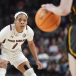 
              South Carolina guard Zia Cooke plays defense during the first half of an NCAA college basketball game Sunday, Jan. 15, 2023, in Columbia, S.C. (AP Photo/Sean Rayford)
            