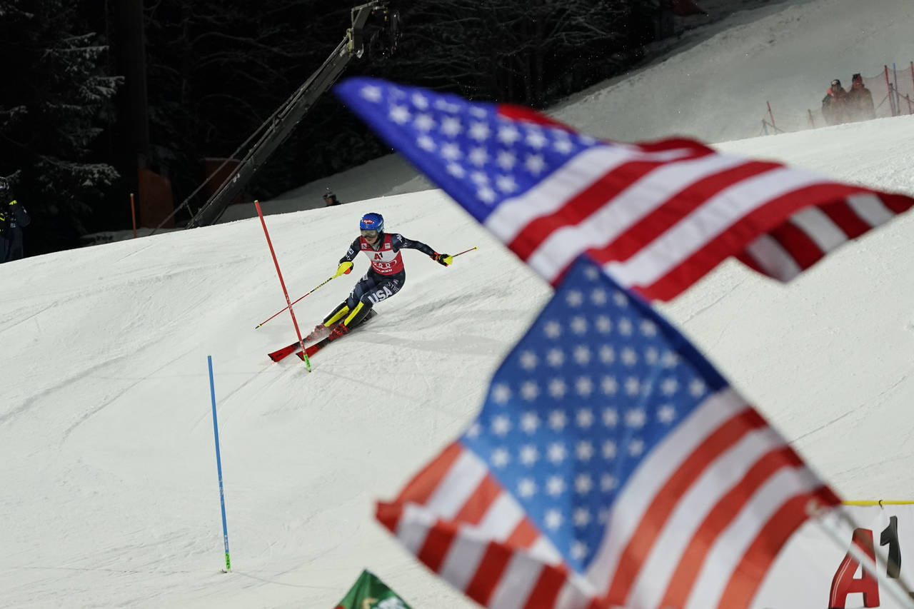 United States' Mikaela Shiffrin speeds down the course during an alpine ski, women's World Cup slal...