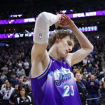 
              Utah Jazz forward Lauri Markkanen (23) reacts to the replay showing his shot against the Sacramento Kings was after the buzzer in an NBA basketball game Tuesday, Jan. 3, 2023, in Salt Lake City. (AP Photo/Jeff Swinger)
            