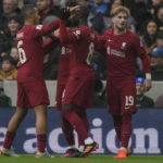 
              Liverpool's Harvey Elliott, right, celebrates after scoring his side's opening goal during the FA Cup 4th round soccer match between Brighton and Hove Albion and Liverpool at the Falmer Stadium in Brighton, England, Sunday, Jan. 29, 2023. (AP Photo/Alastair Grant)
            