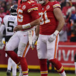 
              Kansas City Chiefs quarterback Patrick Mahomes (15) limps after an injury during the first half of an NFL divisional round playoff football game against the Jacksonville Jaguars, Saturday, Jan. 21, 2023, in Kansas City, Mo. (AP Photo/Ed Zurga)
            