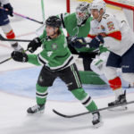 
              Dallas Stars defender Miro Heiskanen (4) scores in the third period of an NHL hockey game against the Florida Panthers in Dallas, Sunday, Jan. 8, 2023. (AP Photo/Gareth Patterson)
            