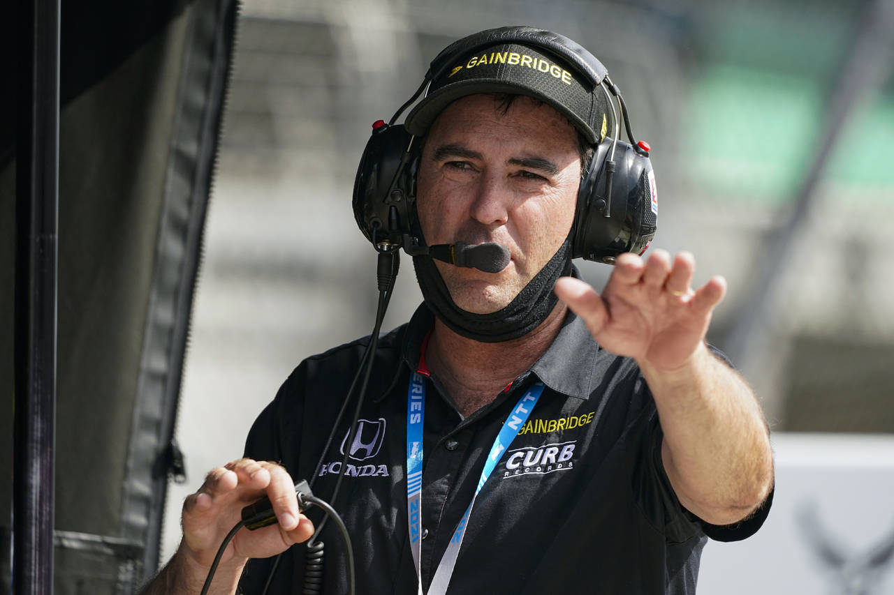 FILE - Car owner Bryan Herta in the pit area during practice for the Indianapolis 500 auto race at ...