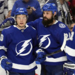 
              Tampa Bay Lightning center Vladislav Namestnikov (90) celebrates his goal against the Columbus Blue Jackets with defenseman Zach Bogosian (24) and left wing Pierre-Edouard Bellemare (41) during the second period of an NHL hockey game Tuesday, Jan. 10, 2023, in Tampa, Fla. (AP Photo/Chris O'Meara)
            