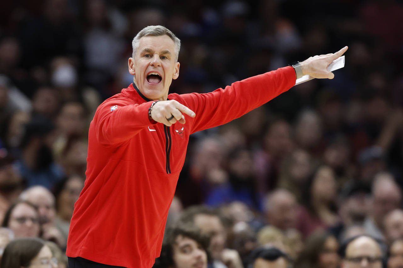 Chicago Bulls head coach Billy Donovan directs his team during the second half of an NBA basketball...