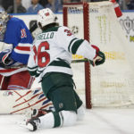 
              New York Rangers goaltender Igor Shesterkin (31) tends net against Minnesota Wild right wing Mats Zuccarello (36) during the first period of an NHL hockey game, Tuesday, Jan. 10, 2023, at Madison Square Garden in New York. (AP Photo/Mary Altaffer)
            